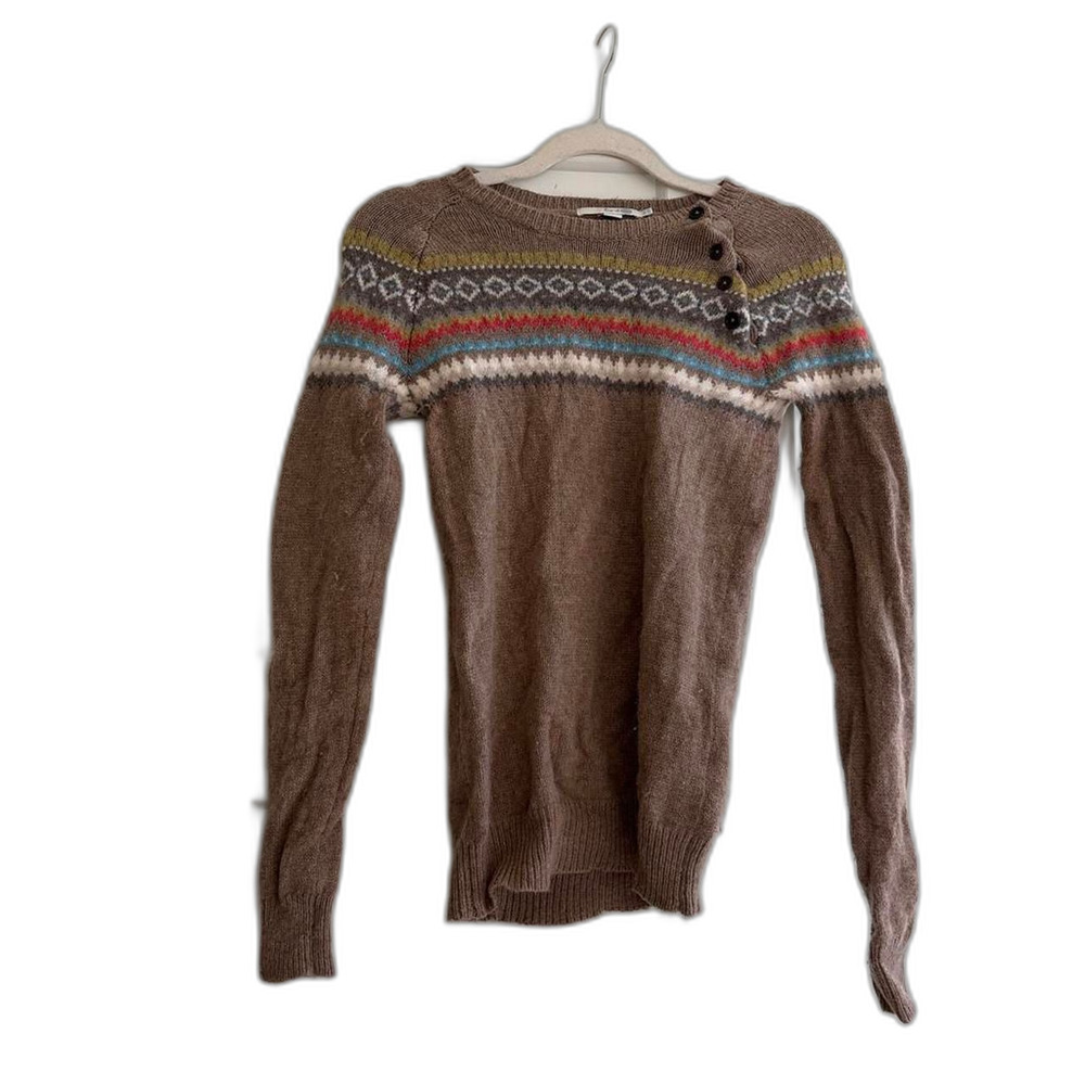 Boden Fair Isle Yoke Sweater Taupe Brown Multicolor Knit Women's (Size 4 Small)